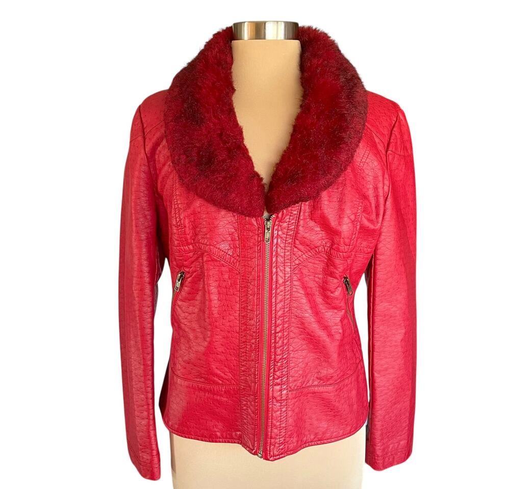 V Cristina Red Bomber Jacket Womens LARGE Faux Alligator Fur Collar Moto Style